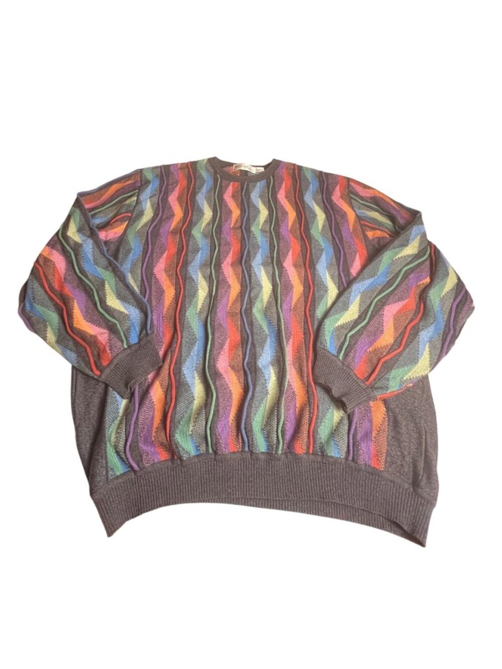 VTG- St. Croix Knits XL Multi-Color 3D Textured Sweater Chevron Coogi Style USA